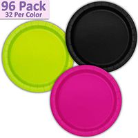 96 Paper Dinner Plates (9") - Black, Neon Green, Neon Pink - 32 Per Color, 3 Colors - Great Assortment for Birthday Parties, Weddings, Holidays, Baby Shower, Celebrations, and more