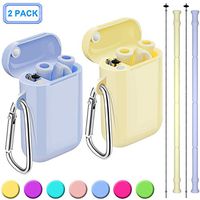 Henva 2 Pack Reusable Collapsible Straws for Kids Adult, BPA Free and Food-Grade Silicone Drinking Straws with Portable Keychain Case and Cleaning Brush for Juice, Coffee and Smoothie, Yellow/Lavender