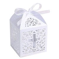 KAZIPA 50PCS Baptism Favor Boxes, 2.2''x2.2''x2.2''Laser Cut Favor Boxes with 50 Ribbons for Baby Shower Favors Baptism First Birthday Party Wedding Decorations