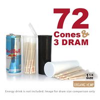 RAW Organic 1 1/4 Cones in 60 Dram Pop Tops | 72 Pre Rolls with Tips in 3 Dram Bottles | Rolling Papers Made with All Natural Fibers with Resusable BPA-Free Dram Container Vial