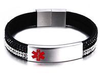 JF.JEWELRY Free Engraving Medical Alert ID Bracelet for Women with 2-Layers Velvet & Rhinestone Link 6",Black