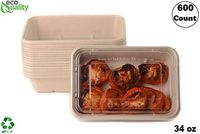 34oz Compostable Eco Friendly Container Trays with Clear Lids [600 PACK] - Rectangular Oblong Tree Free Sugarcane Bagasse Meal Prep Bento Boxes Take Out Catering Microwave Deep Container by EcoQuality