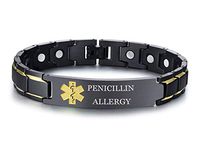 XUANPAI PENICILLIN Allergy Brushed Name Plate ID Identity Magnet Therapy Medical Alert ID Bracelet(Black+Yellow)