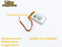 1.0mm 3 Thread 3.7V 600mAh 602540 Lithium Polymer Ion Rechargeable Battery Lithium 3lines Polymer Li-Po Battery for MP4 GPS MP3 Bluetooth Stereo DIY Gift