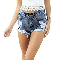 Sexy!Fashion!2019 Women High Waist Tassel Hole Shorts Jeans Denim Lace Short Pants (S, Blue)