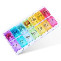 Pill Organiser, 7 Day Travel Pill Box with Multicolour Push Button and BPA Free Moisture-Proof Design, to Hold Vitamins, Fish Liver Oil, Supplements and Medication