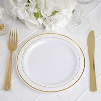 Efavormart 50 Pcs - White with Gold 7.5" Round Disposable Plastic Plate for Wedding Party Banquet - Tres Chic Collection