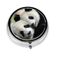 Pill Box for Travel - Small Portable Pill Case Holder with 3 Compartments - Animal Panda Classy Metal Round Cases - Use Daily to Organize Your Medicine