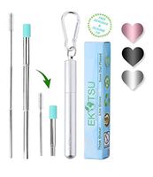 (NEW) EKOTSU Eco-friendly Reusable Stainless Steel Telescopic Drinking Straw Adjustable Metal Portable Collapsible - Aluminum Travel Carry Case Keychain Cleaning Brush Silicone Tip Final Travel House