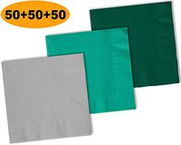 150 Beverage Napkins, Shimmering Silver, Teal, Hunter Green - 50 Each Color. 2 Ply Paper Cocktail Napkins. 5" folded, 10" unfolded.