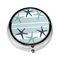 Pill Organizer Case, Coastal Starfish Repeat Pattern Navy Blue Portable Pill Box Small Pill Container for Purse Or Pocket, Round Pill Box