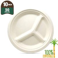 Biomundi 100% Compostable 10" 3-compartment Paper Plates [50-pack] Heavy-duty Quality Natural Disposable Bagasse, Eco-friendly Made Of Sugar Cane Fibers, 10 Inch, Brown Biodegradable