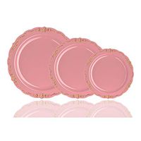 60 Pcs Disposable Plastic Plates | Victorian Design Premium Disposable Plates | 7.5 inch. Pink & Gold China Like Plastic Plates For Parties & Weddings