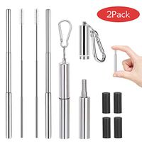 2019 New Portable Reusable Drinking Straws, Retractable Stainless-Steel Straws,Stainless Steel Case with Cleaning Brush Keychain Hole Anti-lost keychain,for Household,Outdoor (Silver Straws 2 Pack)