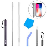 OneLeaf Portable Collapsible Metal Straws Reusable Stainless Steel Straws with Silicone Suction Nozzles & Aluminum Case & Cleaning Brush, Drinking Straws Keychain and Carabiner (Matte Gray)