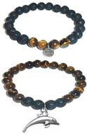 Hidden Hollow Beads Charm Tigers Eye and Black Lava Natural Stone Women's Yoga Beaded Stretch Bracelet Set. Comes in A Gift Box! (Dolphin)