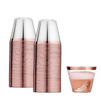 Perfect Settings 110 Clear Plastic Cups 9 Ounce- Holiday Wedding Party Elegant Rose Gold Trimmed Disposable Cups 110 Pack Fancy Wedding Cups