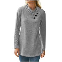 Meikosks Ladies Shirts Neck Button Stitching Blouses Long Sleeve Tops Solid Color Pullover Gray