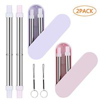 2 Pack Collapsible Reusable Straws,Fyore Telescopic Stainless Steel Metal Drinking Straws Portable Set Foldable Straw with Case & Lanyard & Cleaning Brush (Blue&Pink)