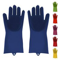 Silicone Dishwashing Gloves Reusable Heat Resistant Dish Scrubber for Cleaning Kitchen Bathroom Car Washing Large Non-Latex Sponge Gloves in Trendy Colors (Blue)