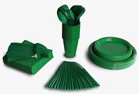 350 PCS Disposable Tableware Combo Pack INCLUDES: 50 9" Green Plastic dinner plates | 50 7" plastic appetizer plates |50 plastic cups | 50 paper napkins | 50 plastic cutlery spoons forks & knives