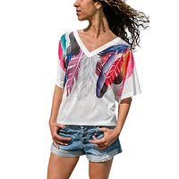 JQjian Womens Summer Sunscreen T Shirt Casual Feather Short Sleeve V Neck Daily Tee Blouse Tops (L, White)