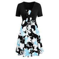 Womens Floral Print Midi Dresses Sleeves Bow Knot Bandage Suit Summer Casual Cardigan Tops Vintage Straps Mini A-Line Tshirt Dress Loose Swing Flowy Pleated Floral Sun Dress