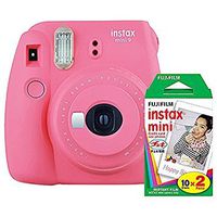 Fujifilm instax Mini 9 Instant Camera (Flamingo Pink) with Film Twin Pack Bundle (2 Items)
