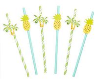 50 Pack - Tropical Paper Straws with Palm Tree and Pineapple Design Charms - Green and Yellow Striped for Hawaiian Luau, Pool Parties and Summer Events