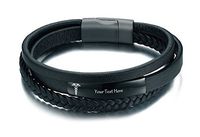VNOX Free Engraving- Black Handmade Braid Genuine Leather Medical Symbol Alert Cuff Bangle Bracelet,8"