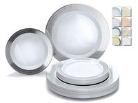 " OCCASIONS" 50 Plates Pack (25 Guests)-Heavyweight Wedding Party Disposable Plastic Plate Set -25 x 10.5'' Dinner + 25 x 7.5'' Salad/Dessert plates (Linen White & Silver)