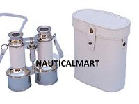 Commander's Chrome Binoculars with White Leather and White Leather Case 6"