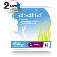 Asana Long Overnight Sanitary Pads with Wings for Women – Unscented, Chemical Free, Naturally Helps Prevent Odor – 12 Count - Pack of 2