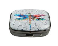 XUTAI Custom Personalized Square Stainless Steel Gun Silver Glass Travel Pill Case Vitamin Decoration Box (Colorful Dragonfly Art)