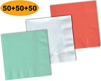 150 Beverage Napkins, Mint, Bright White, Coral - 50 Each Color. 2 Ply Paper Cocktail Napkins. 5" folded, 10" unfolded.