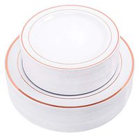WDF Disposable Plastic Plates,30-10.25" Dinner Plates and 30-7.5" Plates Combo - Rose Gold Trim Real China Design - Premium Heavy Duty Plastic Plates for Wedding/Parties (Rose Gold Plates)