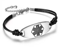 JF.JEWELRY Stainless Steel Medical Alert ID Bracelet for Women with 2 Layers Black Genuine Leather,Free Engraving