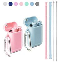 Yoocaa Reusable Silicone Collapsible Straws -2 Pack Portable Drinking Straw with Colorful Carrying Case and Cleaning Brush, BPA Free -Blue Pink