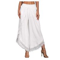 Kiyotoo Womens Elegant High Waisted Split Contrast Fringe Wide Leg Pants Lace Boho Loose Fit Flare Palazzo Long Trouser White