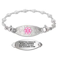 Divoti Custom Engraved Medical Alert Bracelets for Women, Stainless Steel Medical Bracelet, Medical ID Bracelet w/Free Engraving – Lovely Filigree Tag w/Heart Link-Pink-8.5"