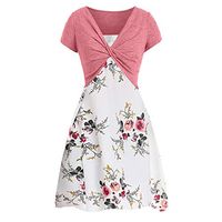 Womens Floral Print Midi Dresses Short Sleeve Bow Knot Front Bandage Suit Summer Casual Cardigan Tops Straps Mini A-Line Tshirt Dress Loose Swing Flowy Pleated Floral Sun Dress