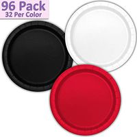 96 Paper Dinner Plates (9") - White, Black, Red - 32 Per Color, 3 Colors - Great Assortment for Birthday Parties, Weddings, Holidays, Baby Shower, Celebrations, and more