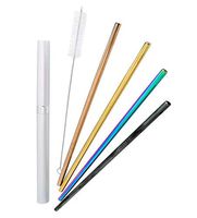 Reusable Drinking Metal Straws - Stainless Steel with Case, Cleaning Brush, Silicone Tips - Set of 4 - Copper - Black - Rainbow - Rose Gold
