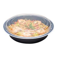 Asporto Microwavable To-Go Container - BPA Free PP Round Take Out Food Container with Clear Plastic Lid - Catering & Takeout - 48 oz - Black - Plastic - Disposable - 100ct Box - Restaurantware