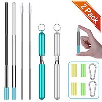 Reusable Straws - Comvin Metal Collapsible Stainless Steel Drinking Straw with Travel Case 2-Pack Turquoise/Silver