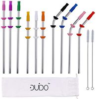 Reusable Stainless Steel Straws -(10 Pack) with Silicone Tips, Cleaning Brushes and Storage Pouch - 10.5, 8.5 inch Reuse Straight and Curved Metal Drinking Straws