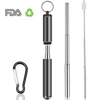 Yooshen Reusable Collapsible Straws, Adjustable Stainless Steel Travel Straws with Carabiner for Party, Travel, Picnics, Boating (Black)