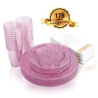 pink Disposable Dinnerware - Pink Glitter 25 Guest, 175 Pack Of Heavy-Duty Plastic Party - 25 Dinner Plates 10.25", 25 Dessert Plates 7.5", 25 Cups, 25 Napkins, 25 Forks, 25 Spoons, 25 Knives, by Fete