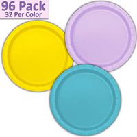 96 Paper Dinner Plates (9") - Lavender, Neon Yellow, Aqua - 32 Per Color, 3 Colors - Great Assortment for Birthday Parties, Weddings, Holidays, Baby Shower, Celebrations, and more