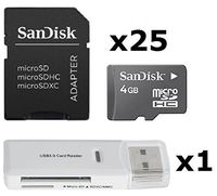 25 Pack - SanDisk 4GB MicroSDHC Memory Card SDSDQAB-004G (Bulk Packaging) LOT of 25 with Sandisk SD Adapter and 1 x USB 3.0 MicoSD & SD Memory Card Reader